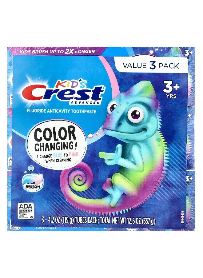 Crest, Kids Advanced, Fluoride Anticavity Toothpaste, 3+ Yrs, Bubblegum, 3 Pack, 4.2 oz (119 g) Each