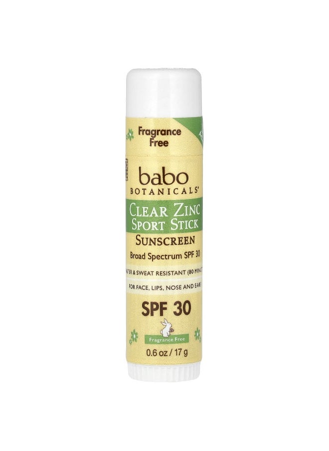 Babo Botanicals, Clear Zinc Sport Stick Sunscreen, SPF 30, Fragrance Free, 0.6 oz (17 g)