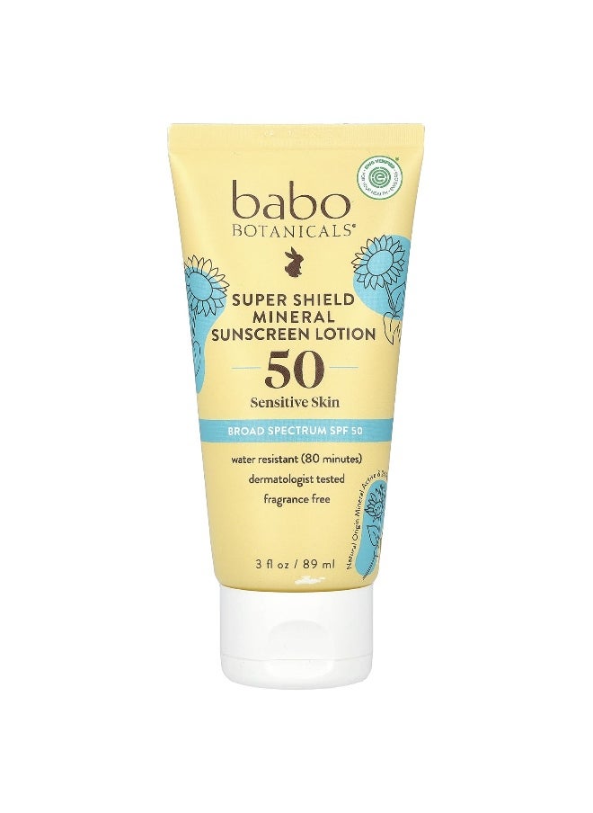 Babo Botanicals, Super Shield Mineral Sunscreen Lotion, SPF 50, Fragrance Free, 3 fl oz (89 ml)