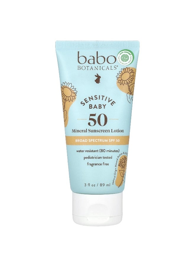 Babo Botanicals, Sensitive Baby, Mineral Sunscreen Lotion, SPF 50, Fragrance Free, 3 fl oz (89 ml)
