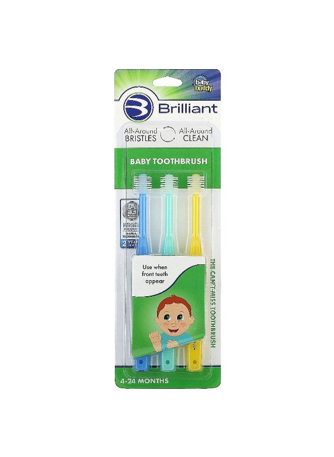 Baby Buddy, Brilliant, Baby Toothbrush, 4-24 Months, Blue, Mint, Yellow, 3 Toothbrushes