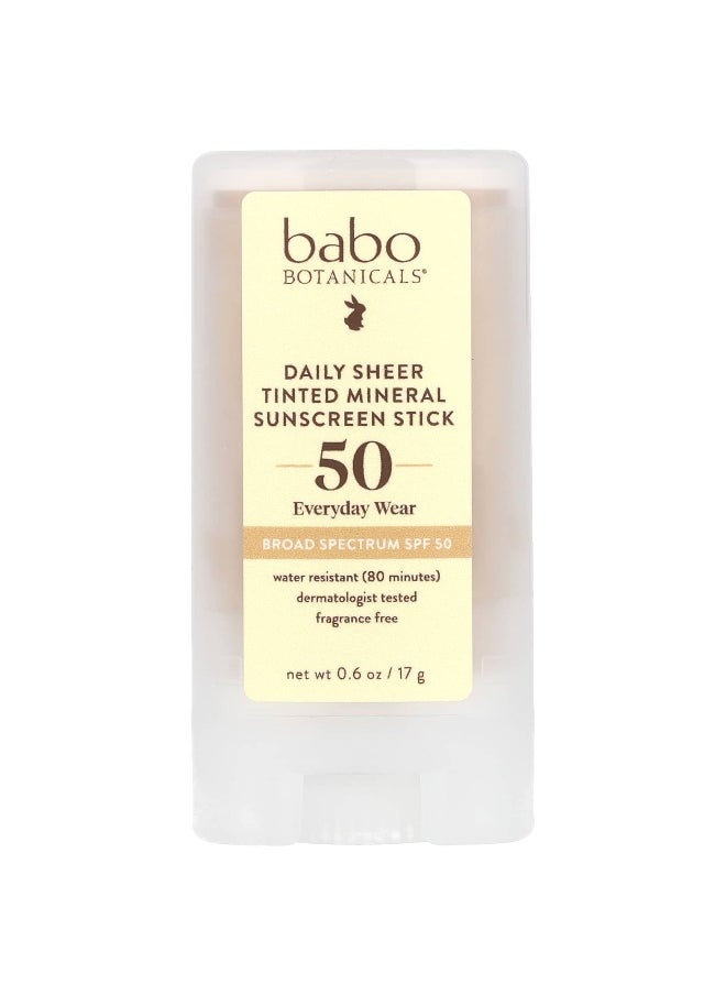 Babo Botanicals, Daily Sheer Tinted Mineral Sunscreen Stick, SPF 50, Fragrance Free, 0.6 oz (17 g)