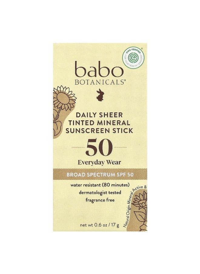Babo Botanicals, Daily Sheer Tinted Mineral Sunscreen Stick, SPF 50, Fragrance Free, 0.6 oz (17 g)