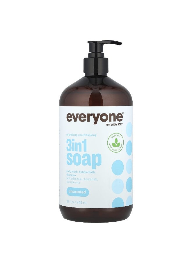 Everyone, 3 in 1 Soap, Body Wash, Bubble Bath, Shampoo, Unscented, 32 fl oz (946 ml)