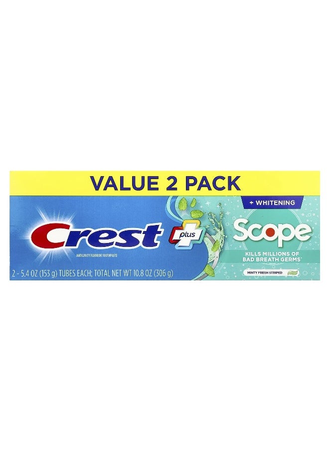 Crest, Plus Scope, Anticavity Fluoride Toothpaste, Minty Fresh Striped, 2 Pack, 5.4 oz (153 g)  Each