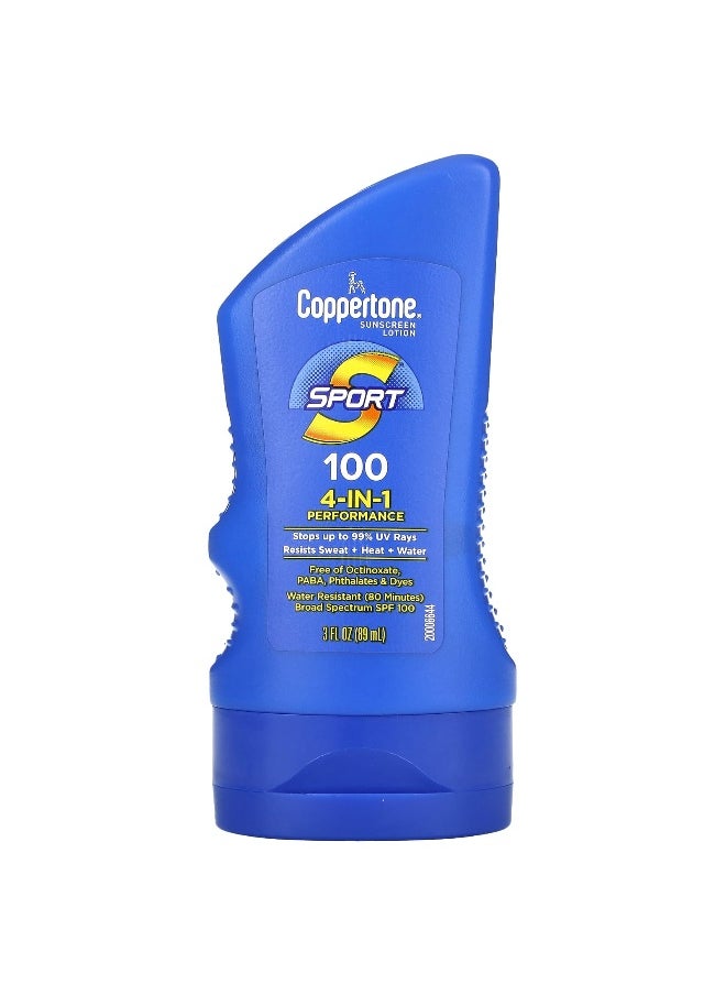 Coppertone, Sport, Sunscreen Lotion, 4-In-1 Performance, SPF 100, 3 fl oz (89 ml)