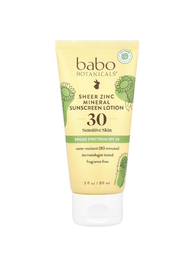 Babo Botanicals, Sheer Zinc Mineral Sunscreen Lotion, Sensitive Skin, SPF 30, Fragrance Free, 3 fl oz (89 ml)