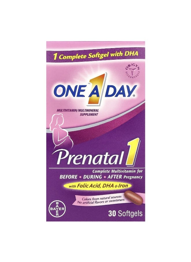 One-A-Day, Prenatal 1 with Folic Acid, DHA & Iron, Multivitamin/Multimineral Supplement, 30 Softgels