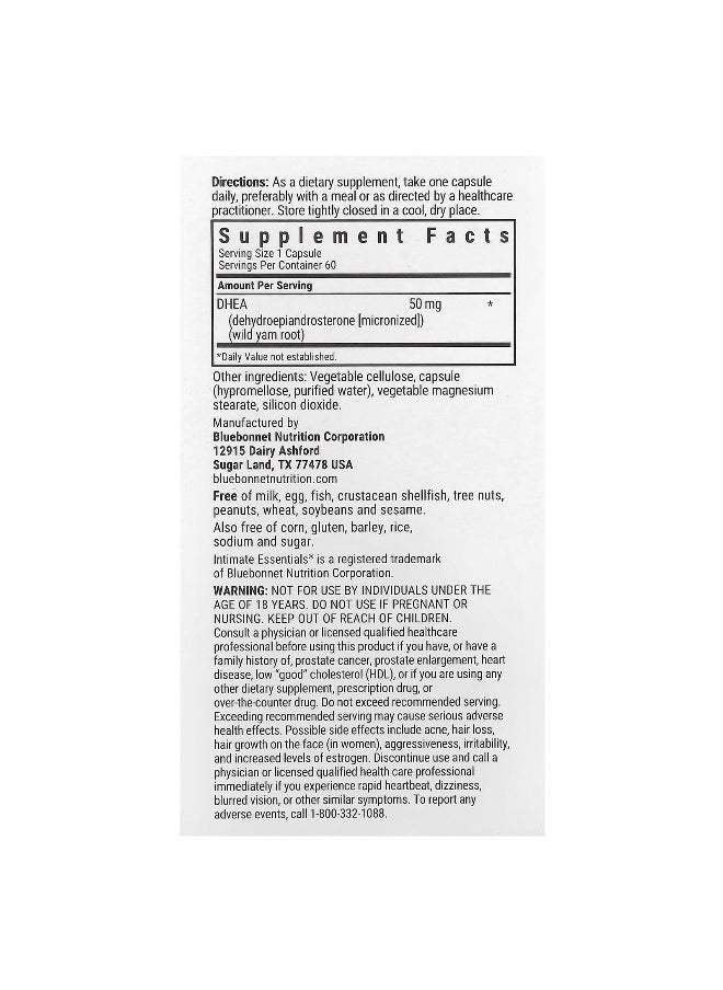 Bluebonnet Nutrition, Intimate Essentials®, DHEA, For Him & For Her, 50 mg, 60 Vegetable Capsules