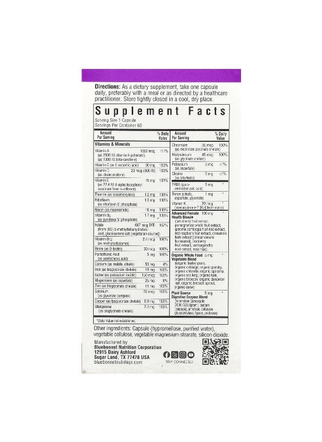 Bluebonnet Nutrition, Ladies' ONE®, Whole Food-Based Multiple, 60 Vegetables Capsules