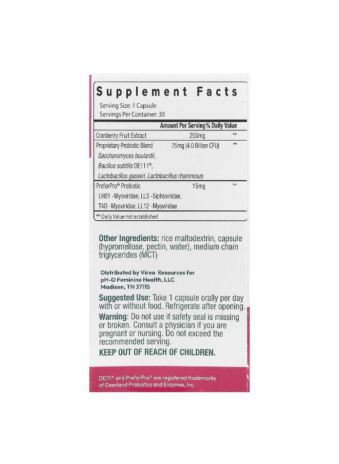 pH-D Feminine Health, Women's Probiotic and Prebiotics With Cranberry, 30 Capsules