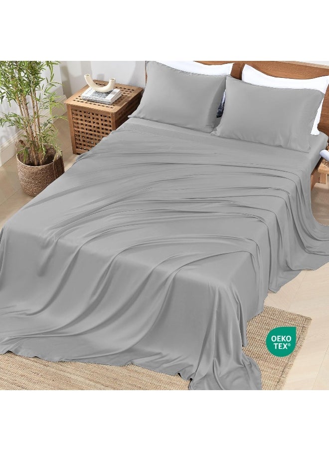 NATUREFIELD 4Pcs Sheets Set King Size Rayon Derived from Bamboo Bed Sheets Soft Breathable 1 Flat Sheet, 1 Fitted Sheet, 2 Pillowcases LightGray
