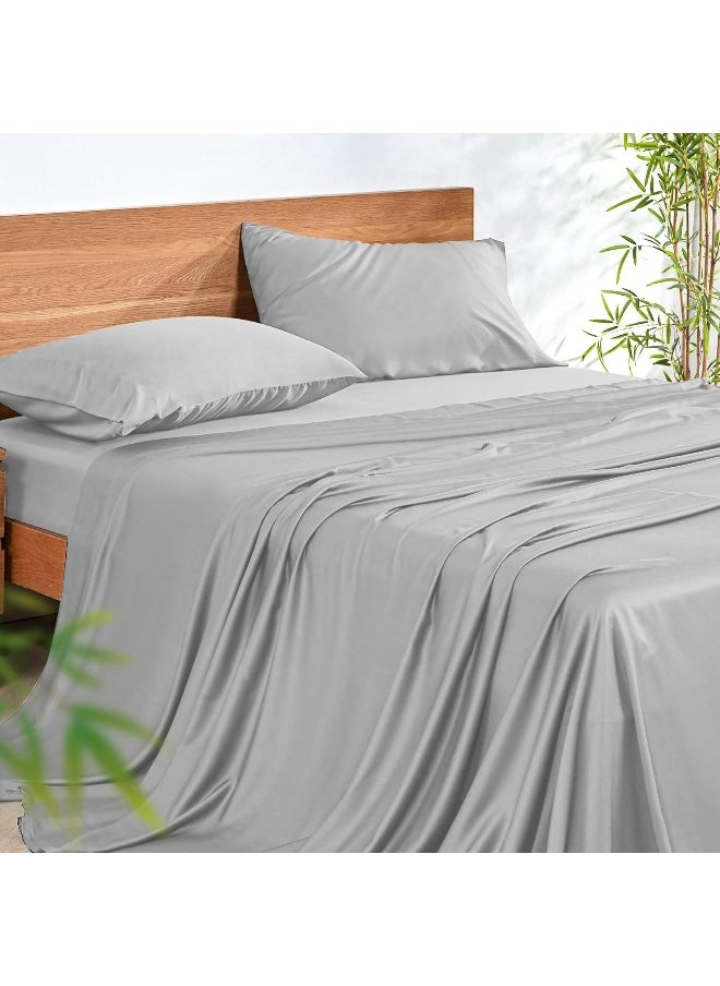 NATUREFIELD 4Pcs Sheets Set King Size Rayon Derived from Bamboo Bed Sheets Soft Breathable 1 Flat Sheet, 1 Fitted Sheet, 2 Pillowcases LightGray