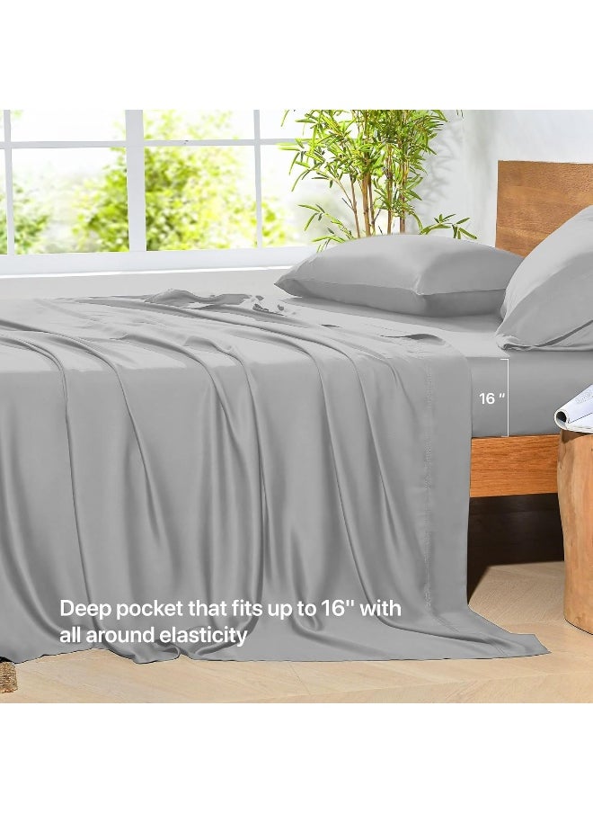 NATUREFIELD 4Pcs Sheets Set King Size Rayon Derived from Bamboo Bed Sheets Soft Breathable 1 Flat Sheet, 1 Fitted Sheet, 2 Pillowcases LightGray