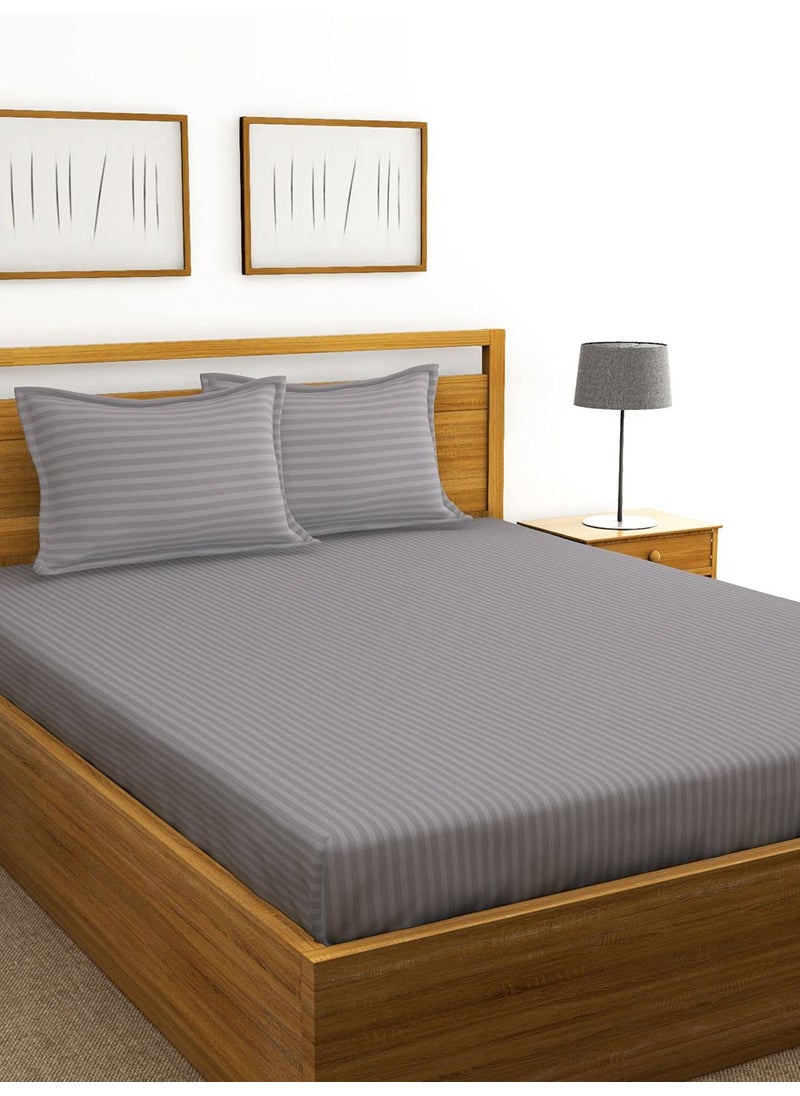 BIANCA Super Soft 100% Egyptian Cotton Satin Stripe XL King Double Bedsheet with 2 Pillow Covers -3pc Set (Hilton) | 100% Super Soft Egyptian Cotton Satin Stripe | Stripe-Silver Grey