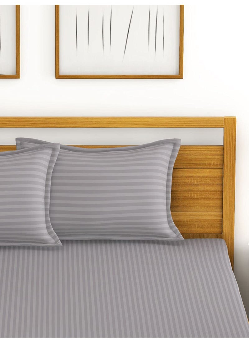 BIANCA Super Soft 100% Egyptian Cotton Satin Stripe XL King Double Bedsheet with 2 Pillow Covers -3pc Set (Hilton) | 100% Super Soft Egyptian Cotton Satin Stripe | Stripe-Silver Grey