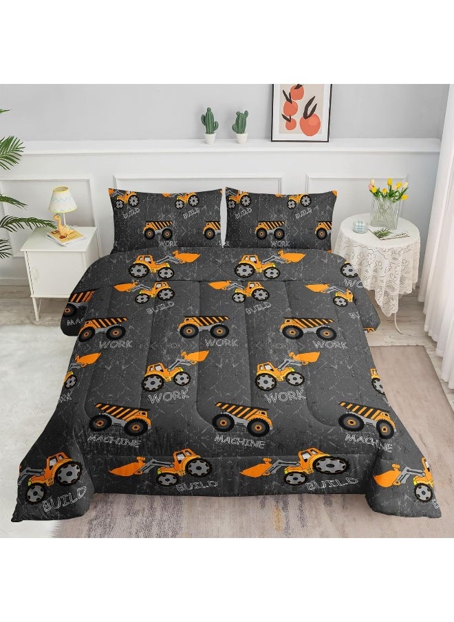 Datura home Construction Truck Comforter Set for Boys Kids Children, Machinery Excavators Vehicles Tractor Bedding Set with 1 Comforter and 2 Pillowcases (Brown Truck), Queen 90x90inches