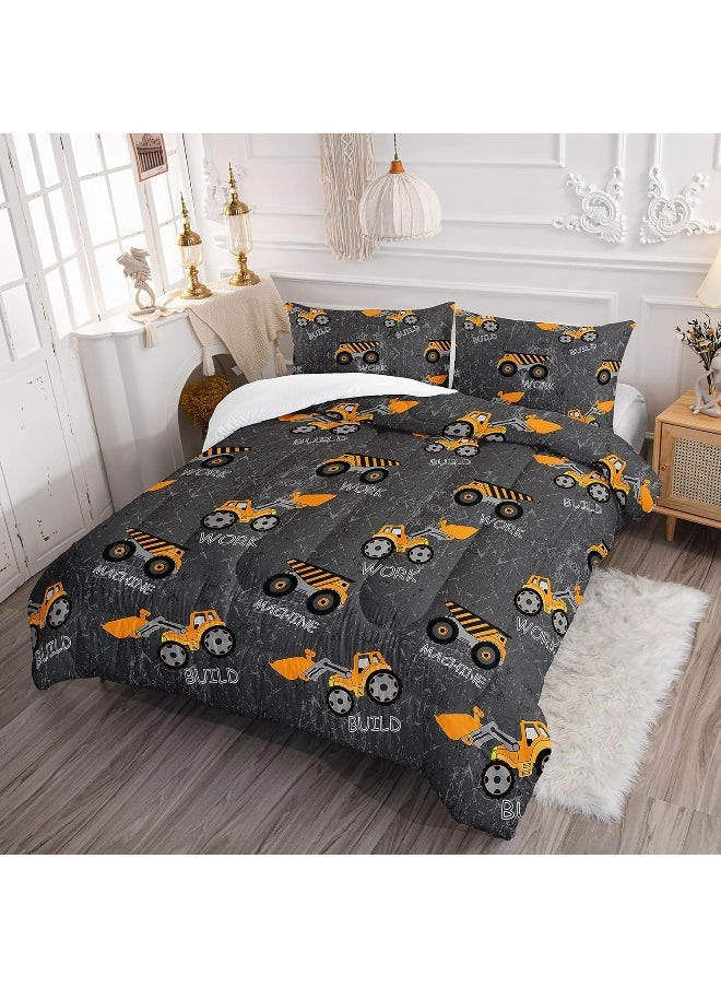 Datura home Construction Truck Comforter Set for Boys Kids Children, Machinery Excavators Vehicles Tractor Bedding Set with 1 Comforter and 2 Pillowcases (Brown Truck), Queen 90x90inches