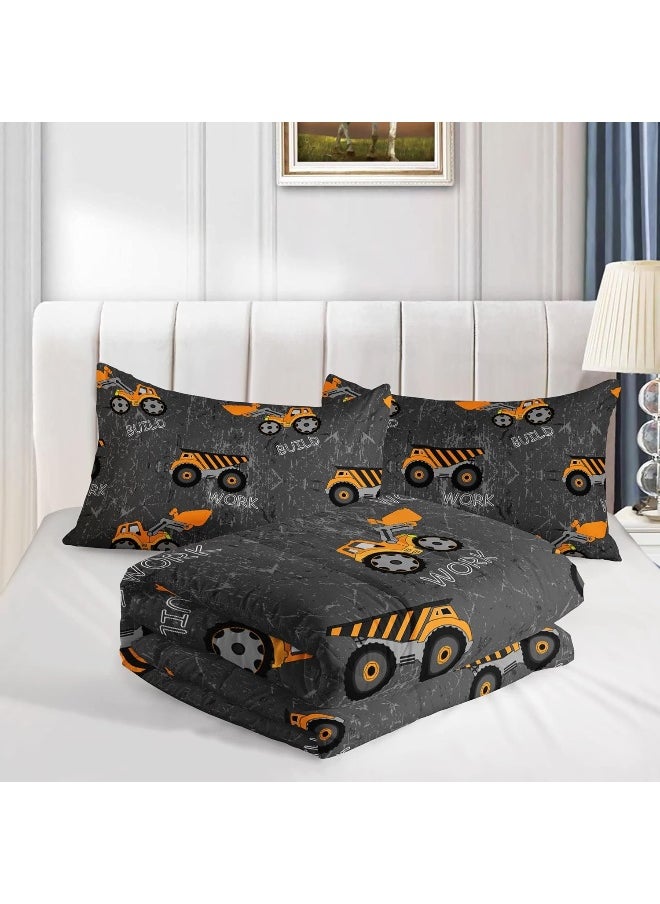 Datura home Construction Truck Comforter Set for Boys Kids Children, Machinery Excavators Vehicles Tractor Bedding Set with 1 Comforter and 2 Pillowcases (Brown Truck), Queen 90x90inches