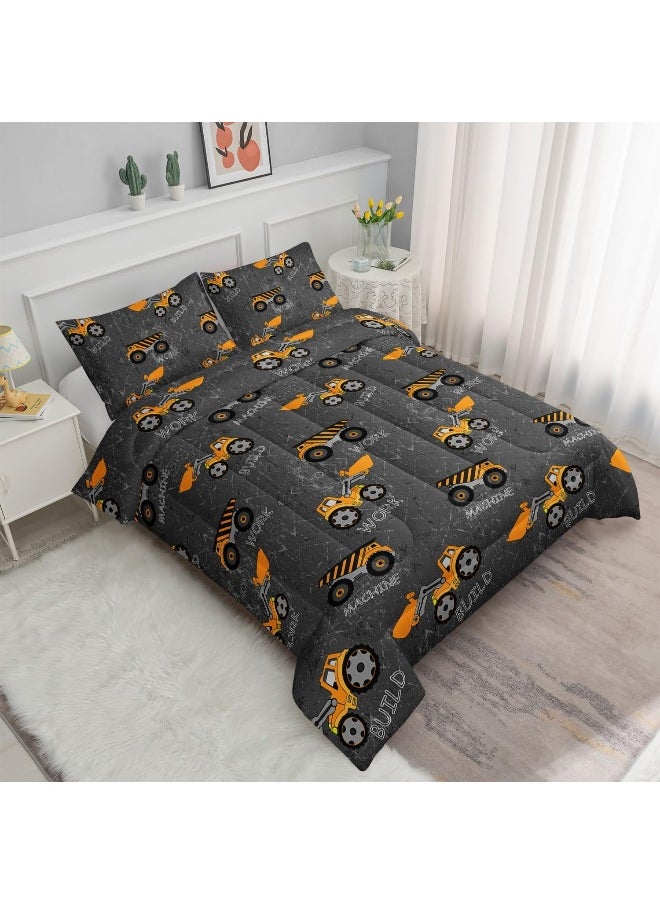 Datura home Construction Truck Comforter Set for Boys Kids Children, Machinery Excavators Vehicles Tractor Bedding Set with 1 Comforter and 2 Pillowcases (Brown Truck), Queen 90x90inches