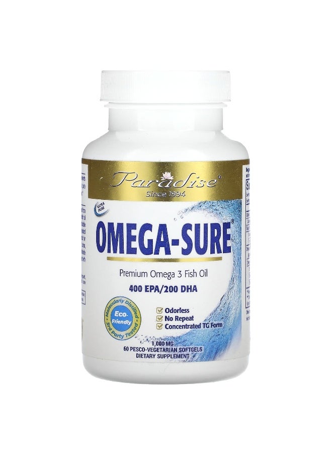 Paradise Herbs, Omega Sure, Premium Omega-3 Fish Oil, 1,000 mg, 60 Pesco Vegetarian Softgels