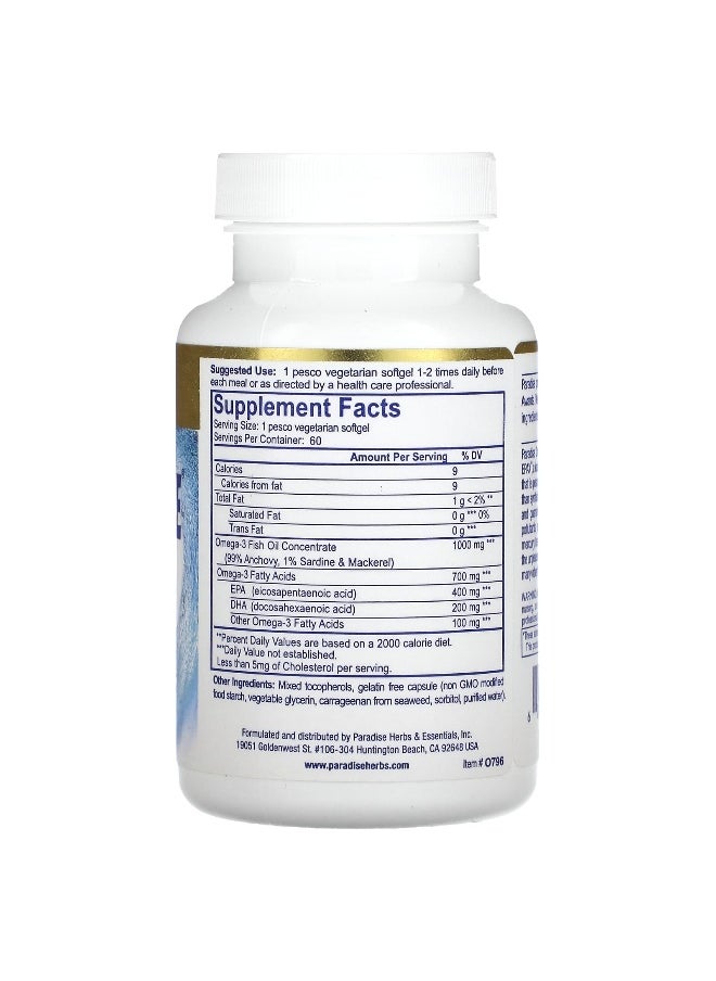 Paradise Herbs, Omega Sure, Premium Omega-3 Fish Oil, 1,000 mg, 60 Pesco Vegetarian Softgels