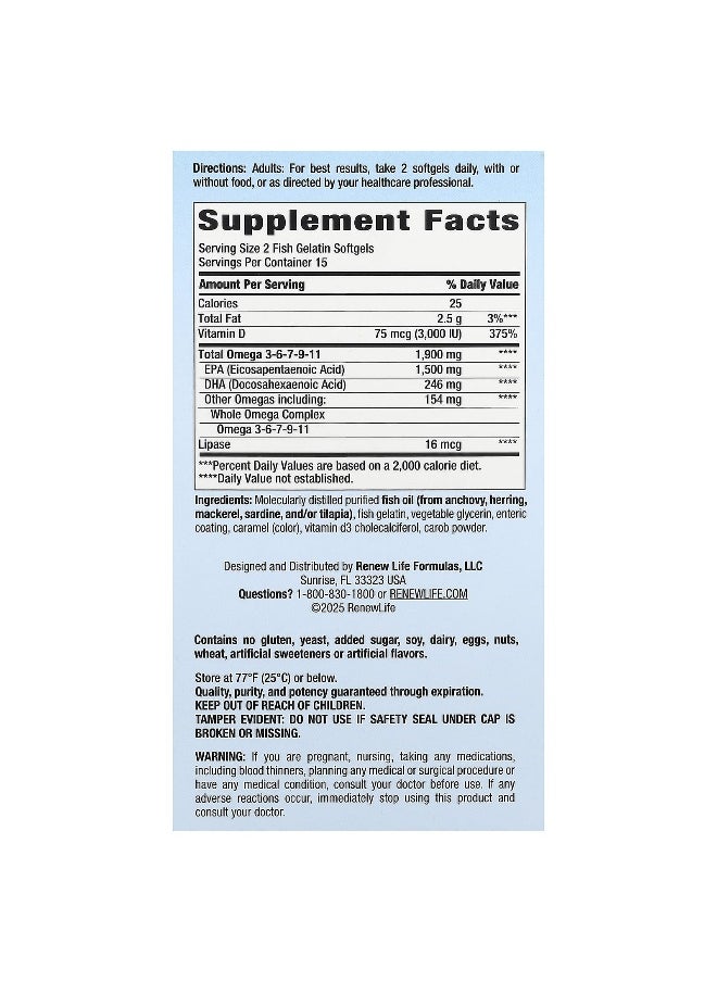 Renew Life, Norwegian Gold Omega-3 Fish Oil, 950 mg, 30 Enteric-Coated Softgels