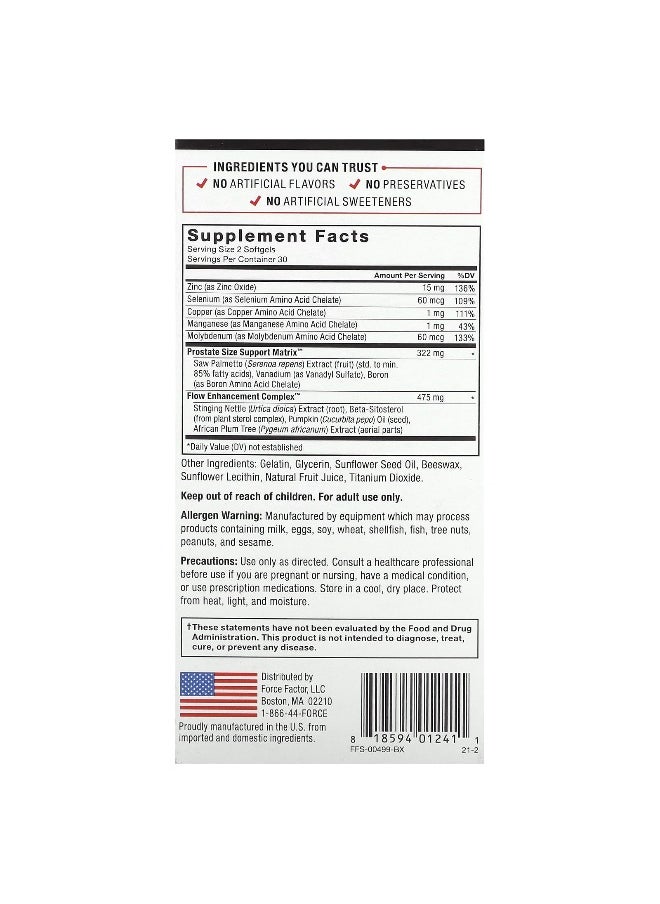 Force Factor, Prostate, Natural Prostate Health Solution, 60 Easy-To-Swallow Softgels