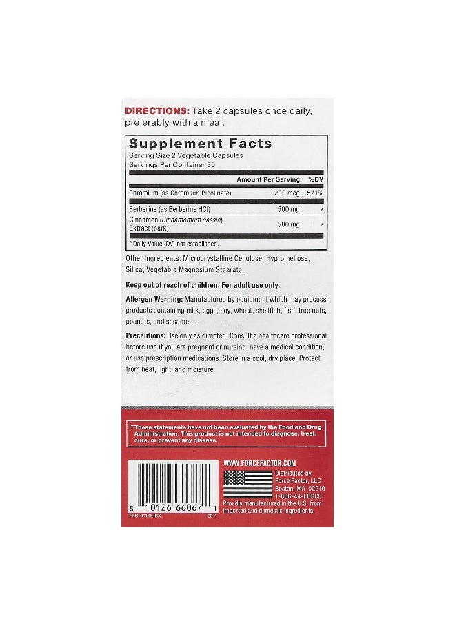 Force Factor, Ultra Berberine, Glucose & Metabolism Formula, 500 mg, 60 Vegetable Capsules (250 mg Per Capsule)