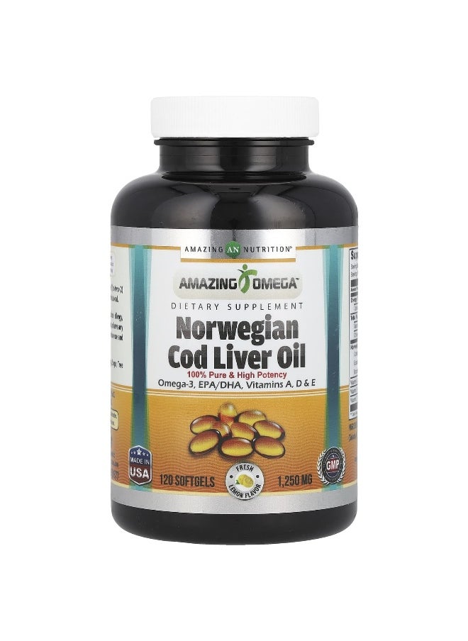 Amazing Nutrition, Norwegian Cod Liver Oil, Lemon, 1,250 mg, 120 Softgels
