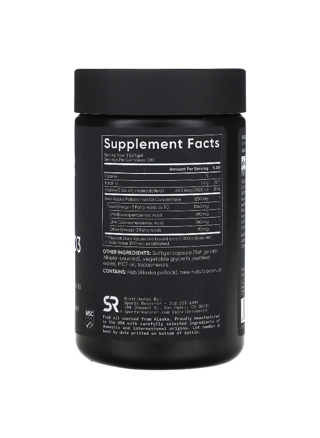 Sports Research, Omega-3 Fish Oil + D3, Triple Strength , 1,040 mg & 62.5 mcg (2,500 IU), 120 Softgels