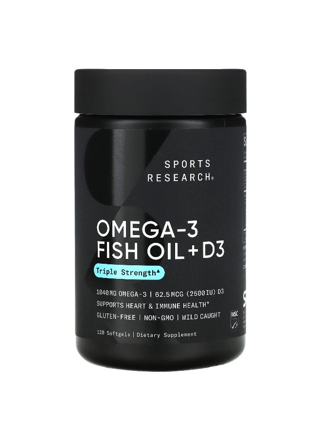 Sports Research, Omega-3 Fish Oil + D3, Triple Strength , 1,040 mg & 62.5 mcg (2,500 IU), 120 Softgels