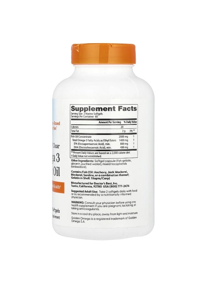 Doctor's Best, Purified & Clear Omega 3 Fish Oil, 2,000 mg, 120 Marine Softgels (1,000 mg per Softgel)