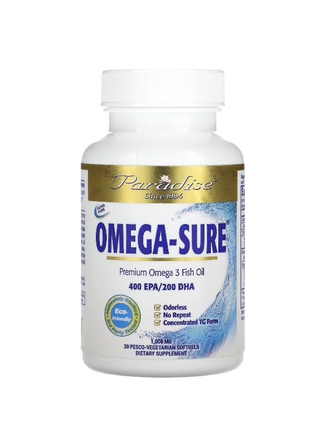 Paradise Herbs, Omega Sure, Premium Omega-3 Fish Oil, 1,000 mg, 30 Pesco Vegetarian Softgels