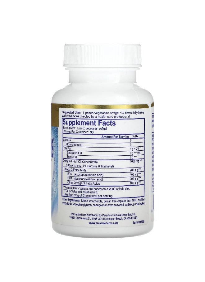 Paradise Herbs, Omega Sure, Premium Omega-3 Fish Oil, 1,000 mg, 30 Pesco Vegetarian Softgels