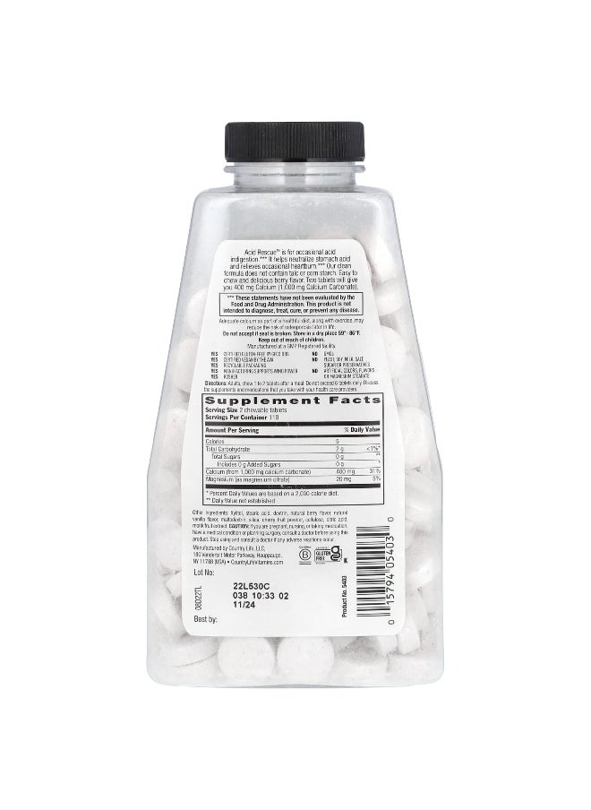 Country Life, Acid Rescue, Calcium Carbonate, Berry, 1,000 mg , 220 Chewable Tablets (500 mg per Tablet)