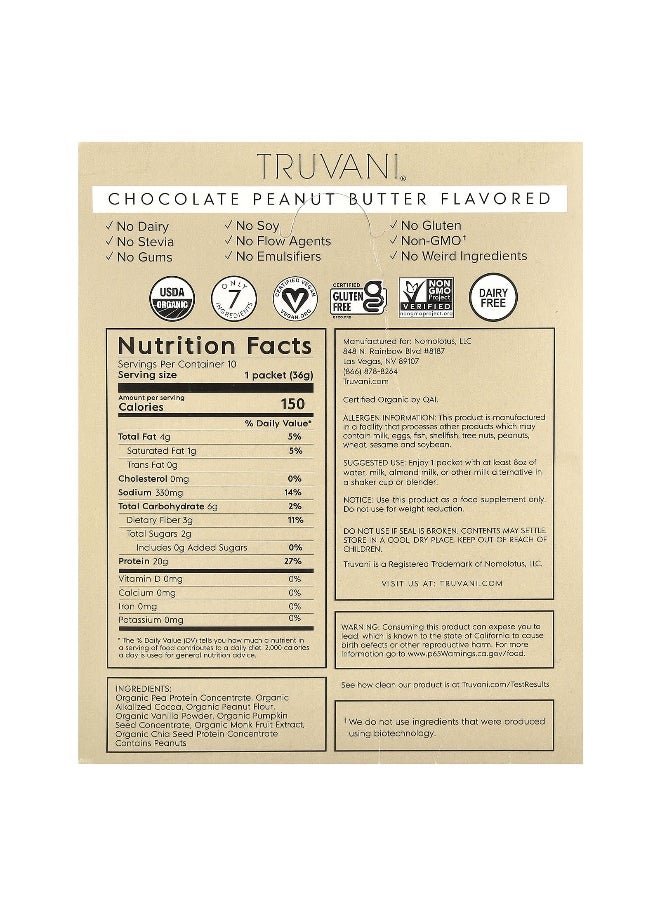 Truvani, Plant Based Protein Powder, Chocolate Peanut Butter, 10 Packs, 1.27 oz (36 g) Each