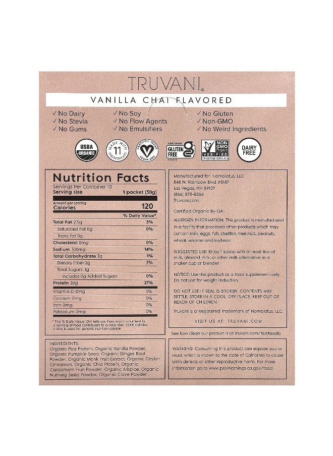 Truvani, Plant Based Protein Powder, Vanilla Chai, 10 Packs, 1.08 oz (30. 6 g)