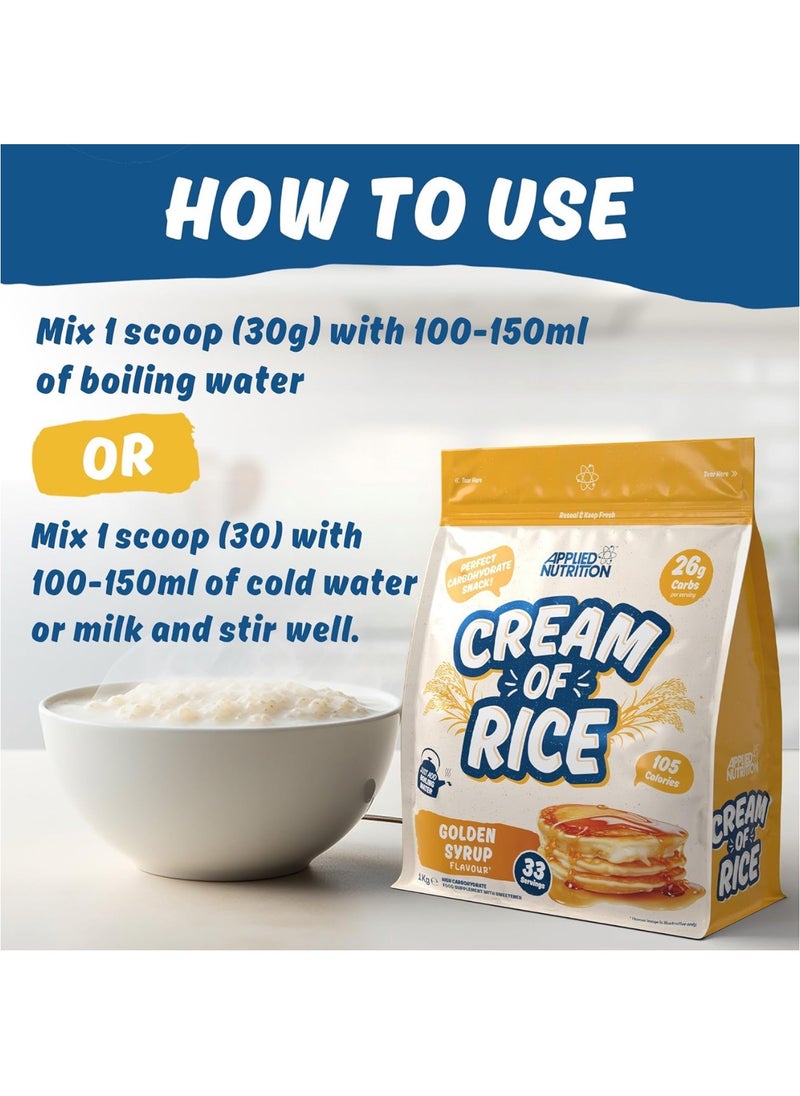 Cream of Rice - High Carbohydrate Cream of Rice Supplement, Source of Energy for Breakfast & Snacks, Easy to Digest, Low Sugar, Low Fat, Vegan, 1kg, 33 Servings, Golden Syrup