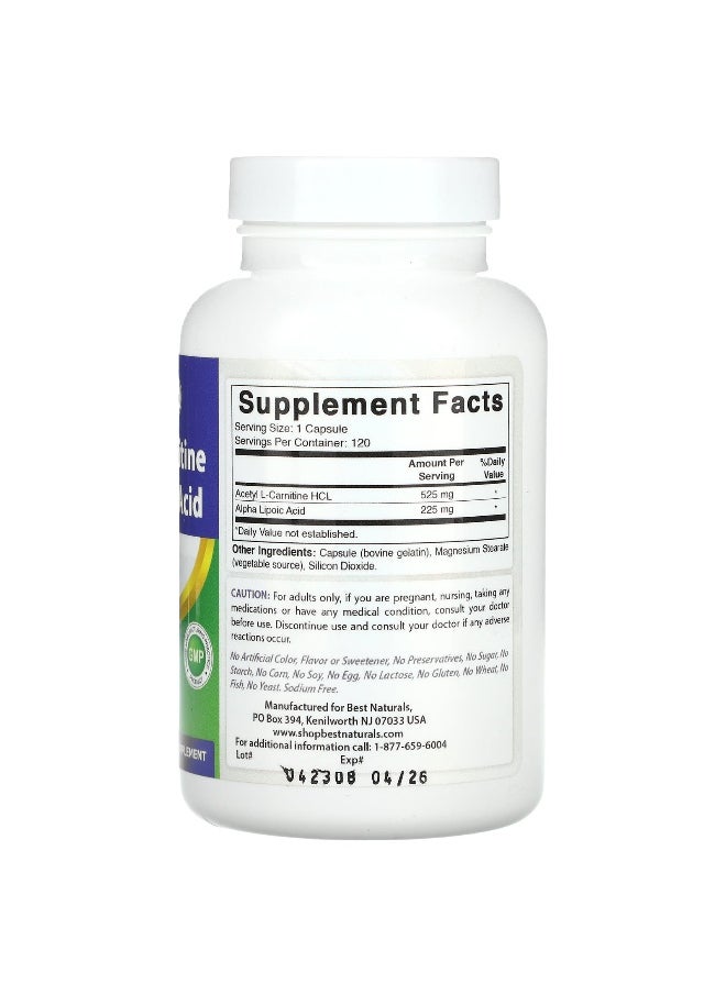 Best Naturals, Acetyl L-Carnitine Alpha Lipoic Acid, 750 mg, 120 Capsules