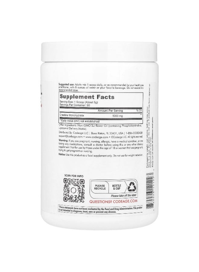 Codeage, Liposomal Creatine Sport, Monohydrate Phospholipid Complex Powder, Unflavored, 5,000 mg , 1 lb (455 g)