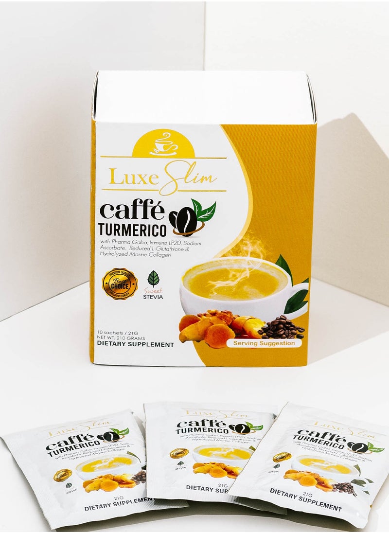 Luxe Slim Caffé Turmerico – Turmeric Coffee with Glutathione, Collagen & Stevia | 10 Sachets | Immunity & Glow Booster