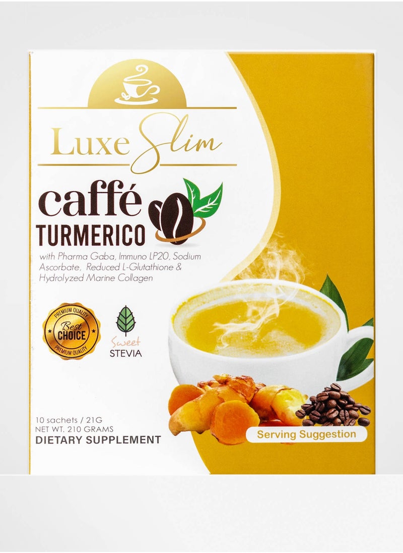 Luxe Slim Caffé Turmerico – Turmeric Coffee with Glutathione, Collagen & Stevia | 10 Sachets | Immunity & Glow Booster