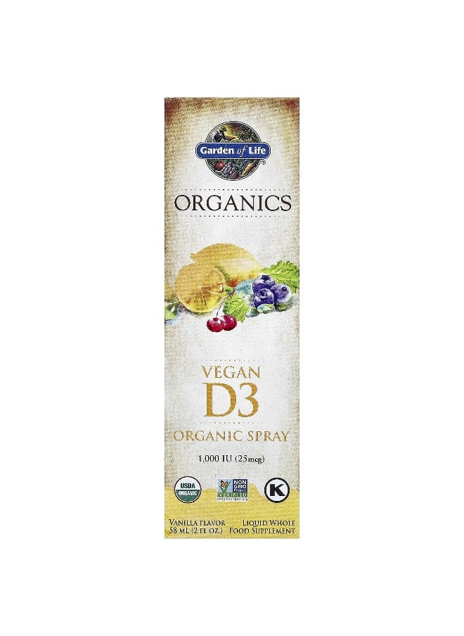Garden of Life, MyKind Organics, Vegan D3 Organic Spray, Vanilla, 25 mcg (1,000 IU), 2 fl oz (58 ml)