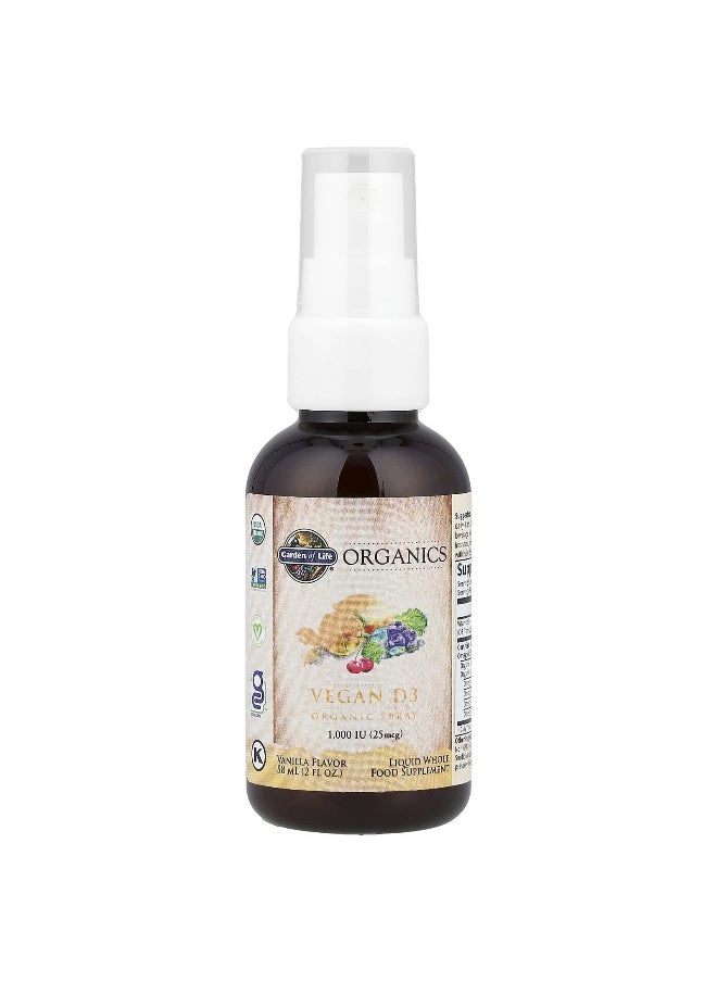 Garden of Life, MyKind Organics, Vegan D3 Organic Spray, Vanilla, 25 mcg (1,000 IU), 2 fl oz (58 ml)