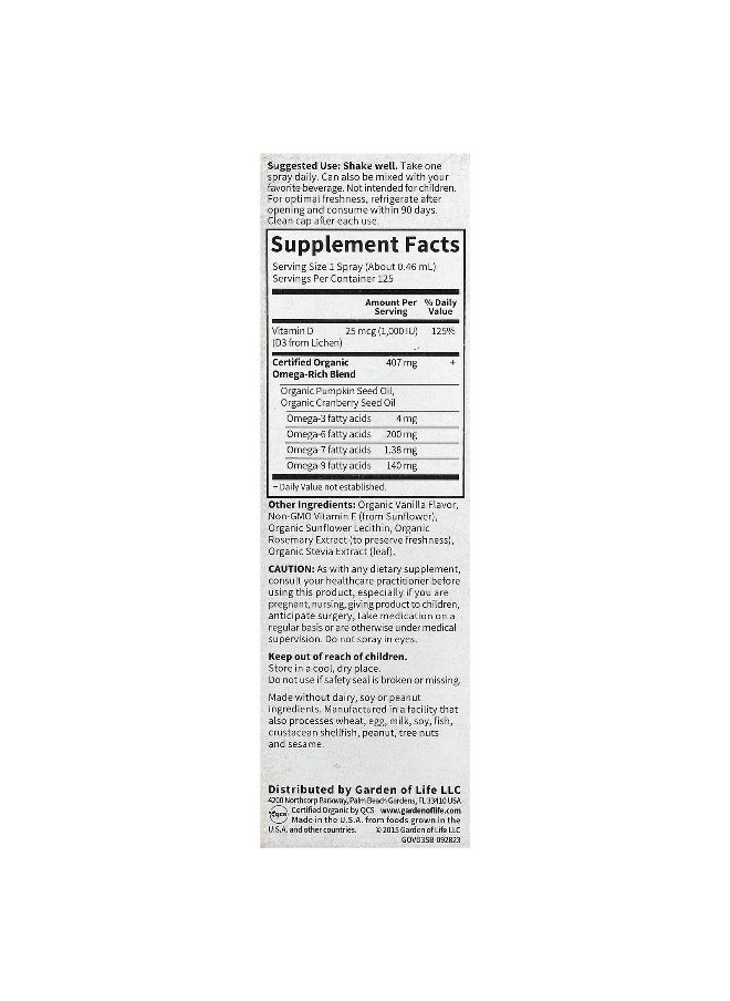 Garden of Life, MyKind Organics, Vegan D3 Organic Spray, Vanilla, 25 mcg (1,000 IU), 2 fl oz (58 ml)