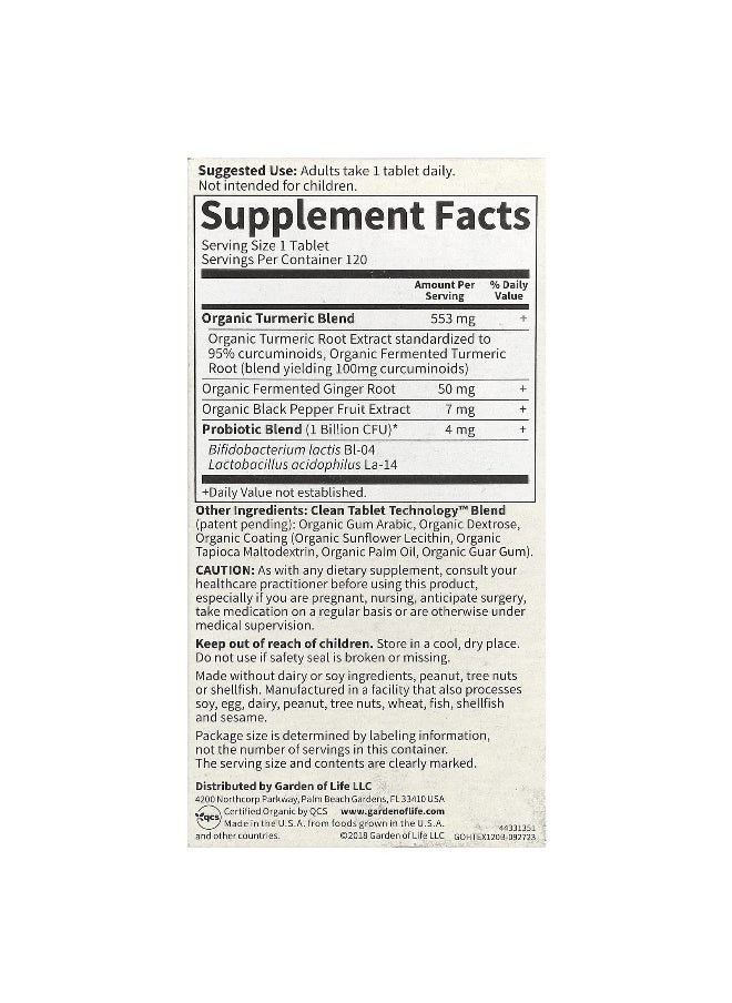 Garden of Life, Organics, Extra Strength Turmeric, Inflammatory Response, 120 Vegan Tablets