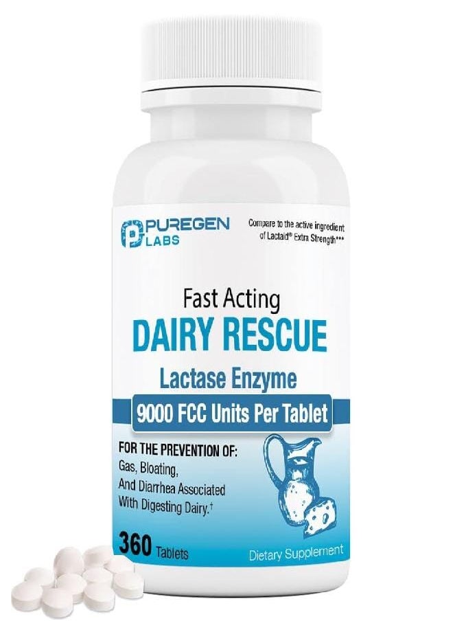 Puregen Labs Dairy Relief Fast Acting Lactase Enzyme 9000 FCC, Lactose Intolerance Pills 360 Tablets