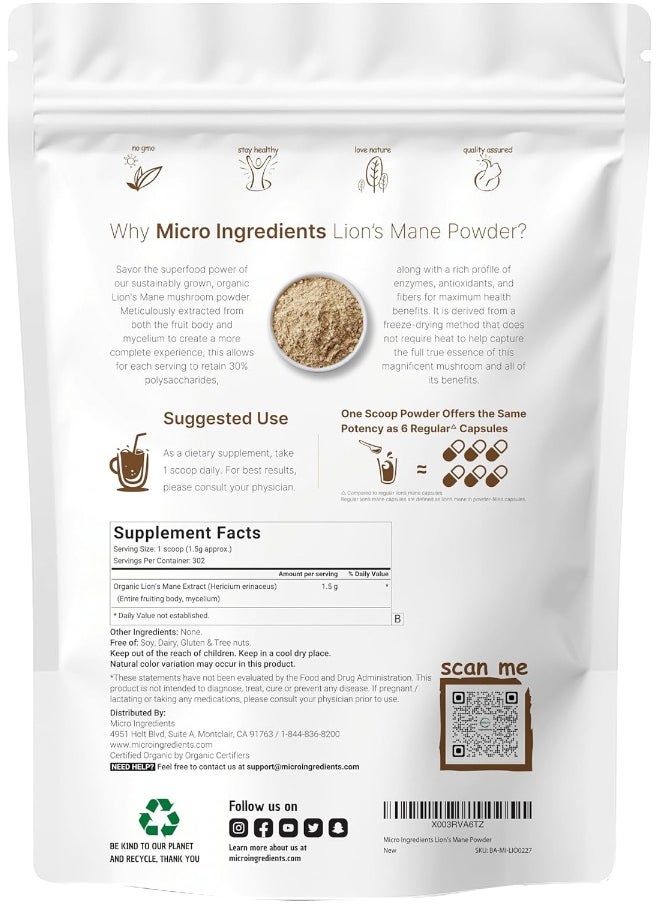 Micro Ingredients Sustainably US Grown, Organic Lions Mane Mushroom Powder 50:1 Extract
