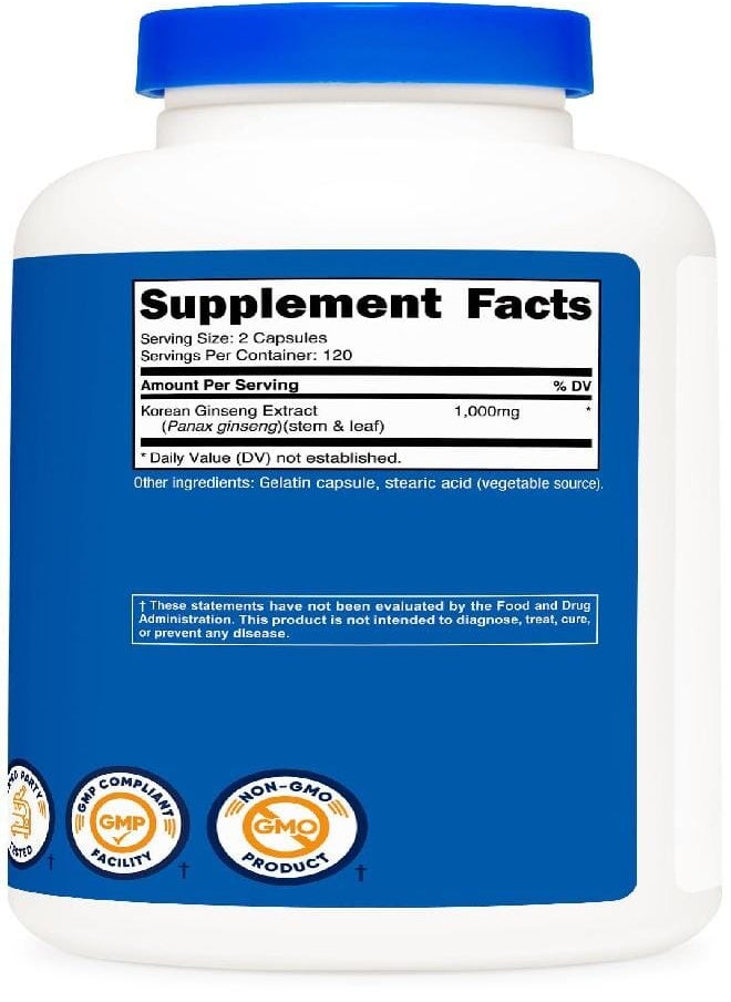 Nutricost Korean Ginseng 1000mg Serving, 240 Capsules - 500mg Per Capsule, 120 Servings - Korean Panax Red Ginseng - Gluten Free & Non-GMO